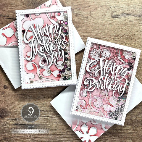 3 Piece Metal Die Cut Set For Card Making And Paper Crafts used on Happy Mother's Day and Happy Birthday cards with pink designs.