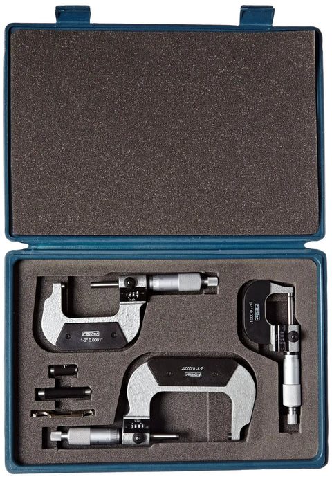 Open case showing Digit Counter Micrometer Set 0 To 3 Inch Range With 0.001 Inch Graduations; includes three micrometers and accessories.