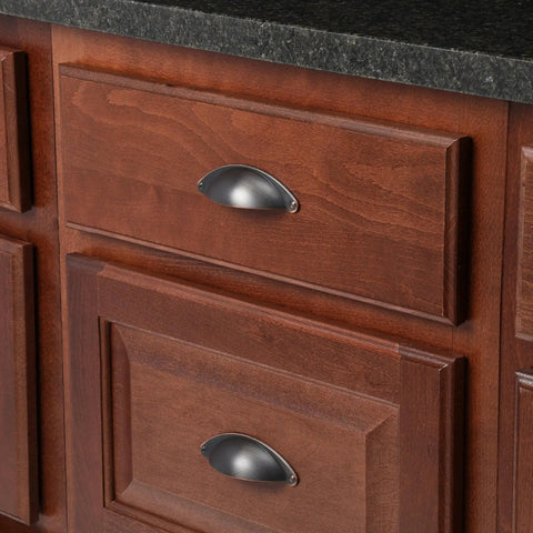 Oil-Rubbed Bronze Cup Pull 2-1/2 Inch Center To Center 4-1/16 Inch Overall Length installed on wood cabinet