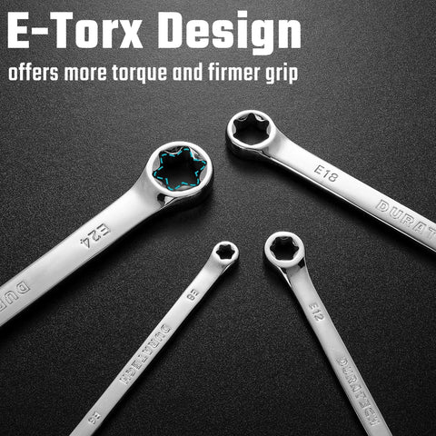 Four Piece E Torx Wrench Set With Double Box End Wrenches In Chrome Vanadium Steel E6 to E24 close-up on black surface