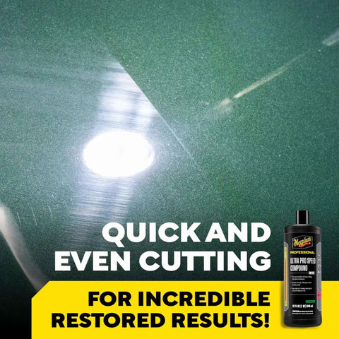 Ultra Pro Speed Compound M11032 Heavy Duty Compound For Pro Scratch Removal Oxidation Removal Heavy Swirl Mark Removal And Car Polish For DA Polisher Use 32 Oz bottle and polished car surface.