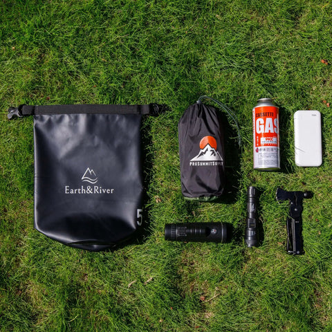 Go-To Premium Waterproof Dry Bag Backpack For Kayaking And Outdoor Adventures, 5L Black, with camping gear on grass