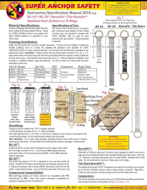 Installation instructions for Stainless Steel Roof Anchor Kit For Fall Protection With Dacromet D Rings, 20 Gauge, with diagrams.