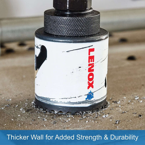 Beefy Bi Metal Hole Saw With T3 Technology And Speed Slot For Easy Plug Ejection One And Seven Eighths Inch Diameter Built For Metal Cutting With Fast Clean Cuts Thick Wall Durability And Sharp Teeth Lenox Tools in use on metal surface