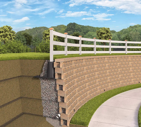 Post Anchoring Solution SD1 Set Of 5 For Fence Posts And Hand Rails On Top Of Segmental Retaining Walls in use, side view.