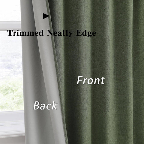 Extra Wide Linen Blackout Curtains With Hooks For Track System Sliding Doors, 2 Panels, Loden Olive Green, fabric detail front view