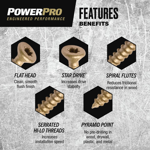 Product features of Premium One Multi Material Flat Head Screws For Wood Metal Concrete Drywall And Plastic Epoxy Coated Steel Size Six By One Inch Pack Of Forty Bronze Finish No Pre Drilling Required Go To All Purpose Fasteners.