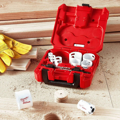 Red case holding 13 Piece General Purpose Hole Dozer Hole Saw Kit For Quick No Fuss Clean Cuts With Ice Hardened Cryogenically Treated Teeth Providing Up To Fifty Percent Longer Life And Up To Two Times Faster Cutting Milwaukee 49 22 4025