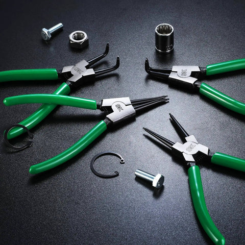 4-Piece 7 Inch Snap Ring Pliers Set Internal And External Circlip Pliers With Straight And Bent Jaws 0.07 Inch Tip Diameter Built To Last Tough As Nails Premium CR-V Steel Rust Resistant Black Finish Heat Treated For Strength And Durability on black surface
