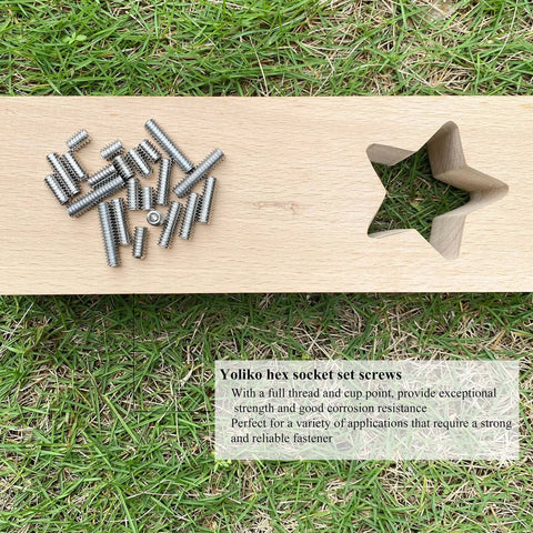 All Purpose 22Pcs Threaded Grub Screws Set 1/4-20 Inch Four Sizes Full Thread Cup Point 304 Stainless Steel displayed on wood