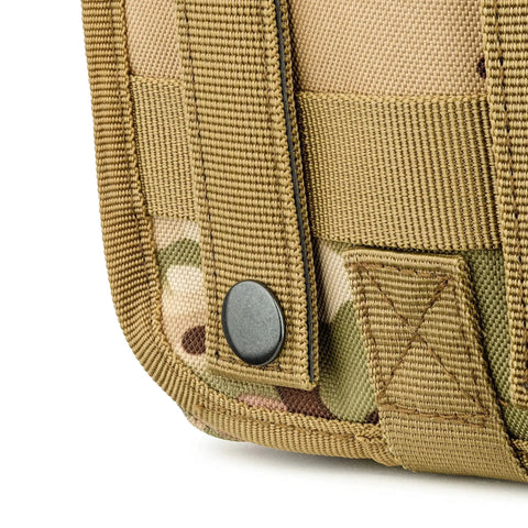 Close-up of the MOLLE camo pouch from the Premium IFAK Trauma Kit for Emergency Response; detailed view of durable stitching and snap fastener.