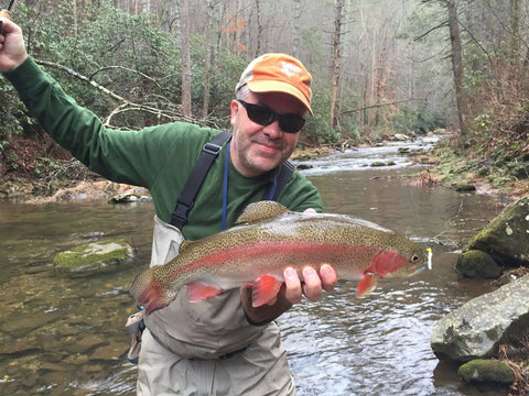 Angler holding a large trout in a forest stream, showcasing freshwater fishing success