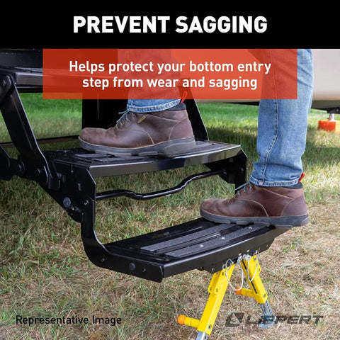 Solid Stance RV Step Stabilizer Kit for Fifth Wheels Travel Trailers and Motorhomes eliminates bounce, adds stability.