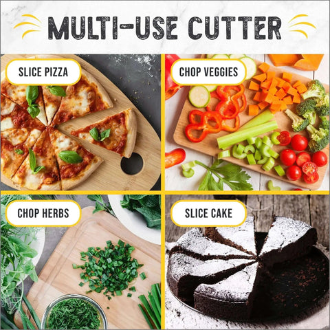 Image showing the Checkered Chef 14 Inch Pizza Cutter Rocker Blade slicing pizza, chopping veggies, herbs, and cake.
