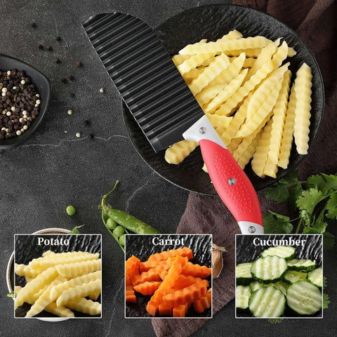 Crinkle Cut Knife For Veggies And Fries With Stainless Steel Wave Blade And Soft Rubber Handle Dishwasher Safe on a cutting board with sliced potatoes, carrots, and cucumbers.