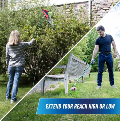 People using the 36 Inch Nifty Nabber Reacher Grabber Tool for easy yard cleanup and trash pickup with built-in magnet and ergonomic grip.