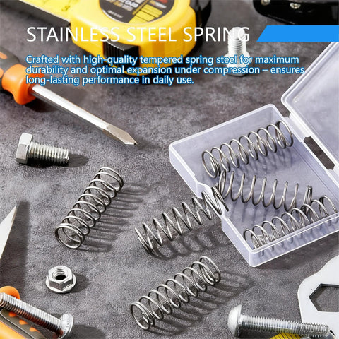 Stainless steel compression springs, 5-pack, 0.5mm wire, 5mm OD, 25mm length in clear plastic case