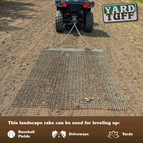 ATV towing Ultra Heavy Duty ATV UTV Field Surface Leveling Drag Mat with zinc and steel build on dirt field.