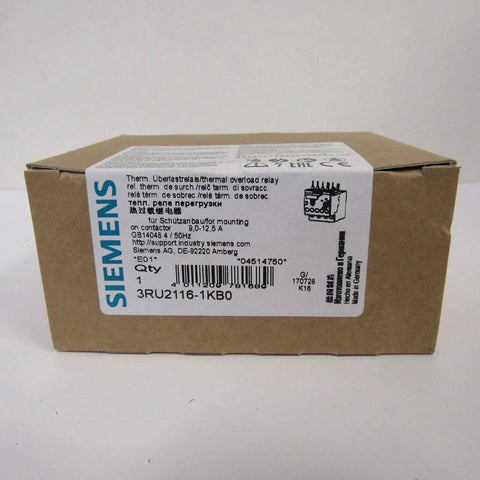 Box containing Sirius 3RU2116-1KB0 Thermal Overload Relay for motors, current-dependent protection, 9.0-12.5 Amp adjustable range