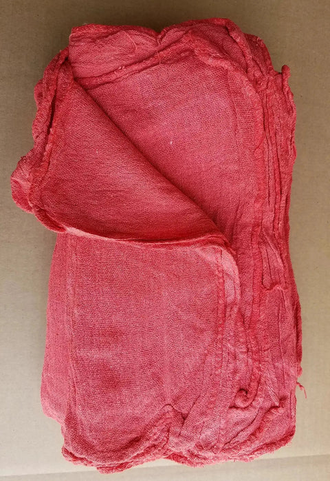 Stack of red 14x14 100% cotton towels, 100 Pack, for auto shops and janitorial use; 100 New Shop Rags And Industrial Cleaning Towels 14x14 Red