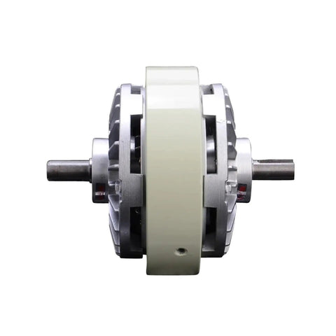 Dual axle magnetic particle clutch and powder brake, front view, with adjustable torque control, 100Nm range, 24V operation.