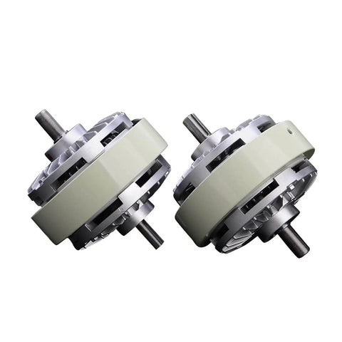 Magnetic Particle Clutch And Powder Brake System With Adjustable Torque Control, dual axle design, shown in side view for automated machinery.