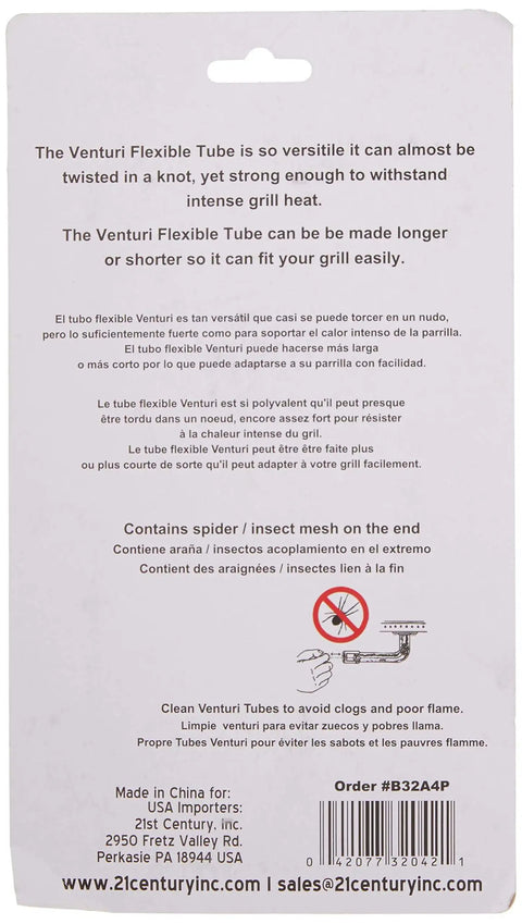 Packaging back of Ez Flex Adjustable Universal Venturi Tubes 2-Pack for Gas Grills with instruction and product details visible.