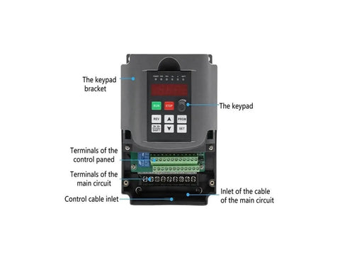 220V frequency drive for 1.5kW CNC spindle, showing keypad and circuit terminals