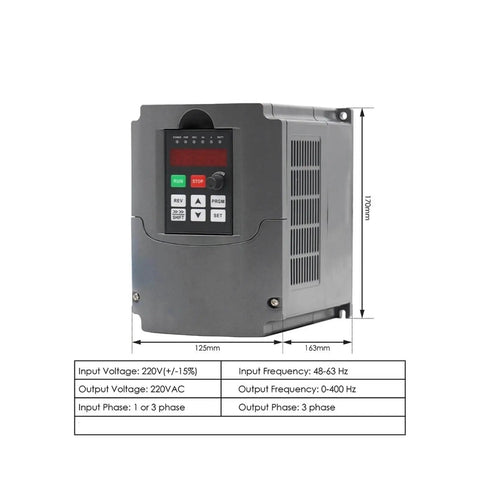 220V frequency drive for 1.5kW CNC spindle, air cooled, with 80mm ER11 tool holder, 4 bearing assembly, dimensions displayed