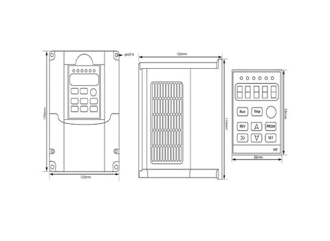 Technical diagram of frequency drive included with Air Cooled Spindle Kit 1.5kW ER16, showing dimensions and buttons.