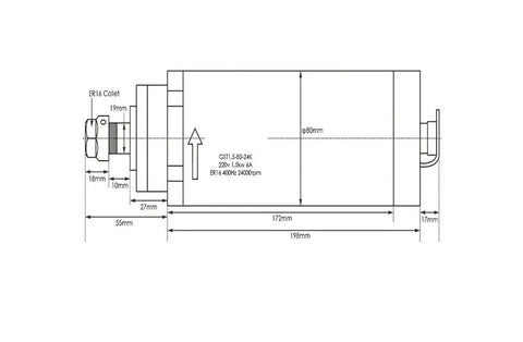 Technical diagram of Air Cooled Spindle Kit 1.5kW ER16, 80mm Shaft, Four P4 Bearings, 0.01mm Runout, with dimensions and specifications.