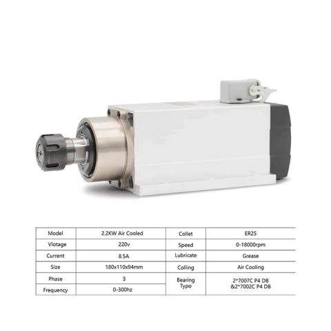 Side view of Air Cooled Spindle With Ceramic Bearings 4 Bearings 220V 2.2kW ER25 CNC Spindle Kit showing technical specs below