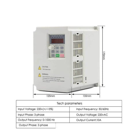 220V inverter for Air Cooled Spindle With Ceramic Bearings 4 Bearings 2.2kW ER25 CNC Spindle Kit with technical parameters displayed