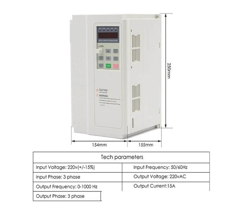3.7kW VFD Inverter for Air Cooled CNC Spindle With Four Ceramic Ball Bearings 3.5kW ER25 Tooling, front view, 380V, 3-phase.