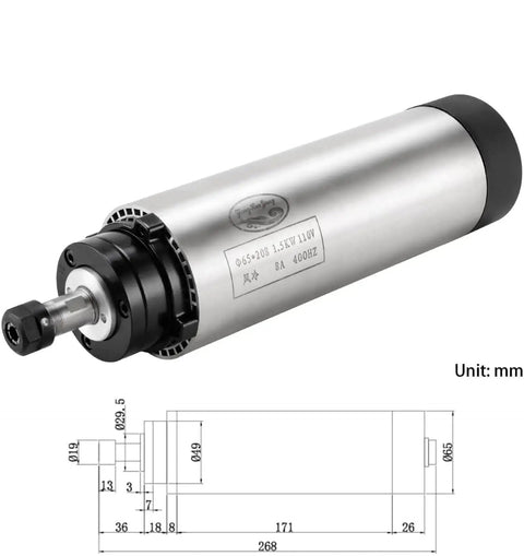 Air Cooled CNC Spindle Motor 1.5KW 220V Dual Voltage 110V Option 24000 RPM 65mm bore with four bearings for wood router