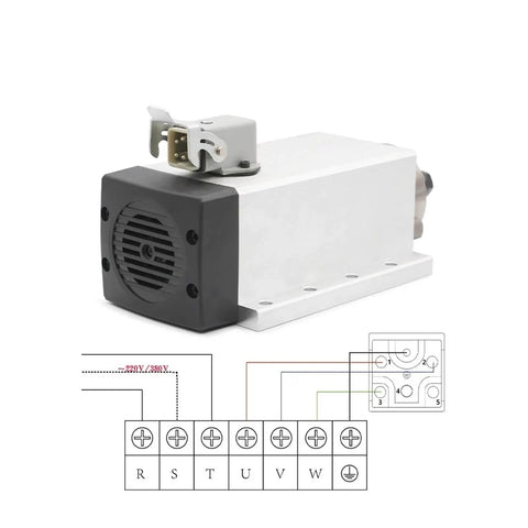 Air Cooled CNC Spindle Motor With Flange Square Mount, 1.5kW ER11, 4 Bearings, 380V shown with wiring diagram and connections