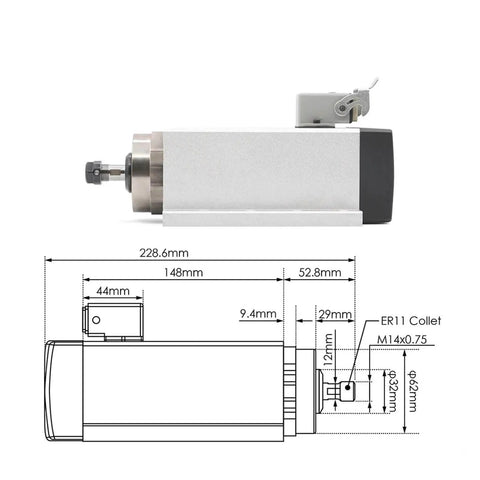 Diagram and side view of Air Cooled CNC Spindle Motor With Flange Square Mount, 1.5kW ER11, 4 Bearings, 380V, aluminum housing.
