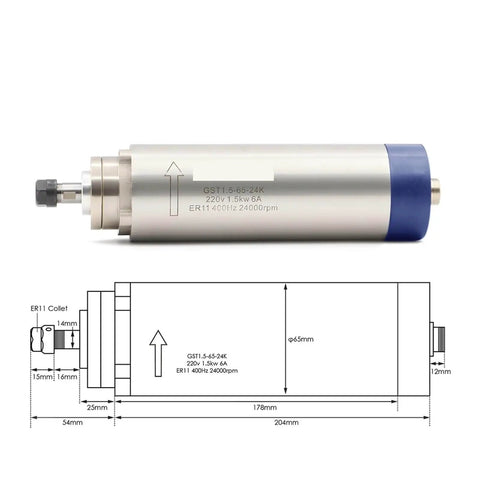 Air Cooled CNC Spindle Motor With 4 Ball Bearings 65mm Diameter 1.5KW ER11 for PCB Processing and Metal Engraving