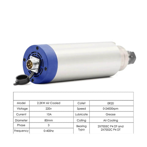 2.2KW ER20 air-cooled CNC spindle motor with 80mm body and 4 ceramic bearings, shown with specifications table