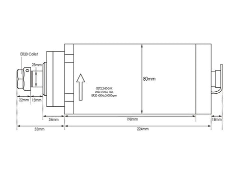 Diagram of 2.2KW ER20 Air Cooled CNC Spindle Motor With 80mm Body And 4 Ceramic Bearings 400Hz 110V, measurements shown.