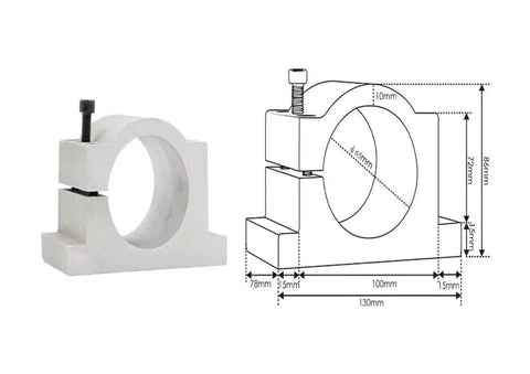 Air Cooled CNC Spindle Motor 800W 220V bracket with schematic; aluminum clamp, 65mm diameter, for mounting.