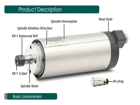Air Cooled CNC Spindle Motor 800W 220V with ER11 collet, labeled features, and steel shell, ideal for PCB processing and metal engraving