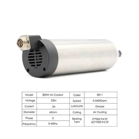 Air Cooled CNC Spindle Motor 800W 220V with ER11 collet and four bearings, shown with 65mm aluminum bracket