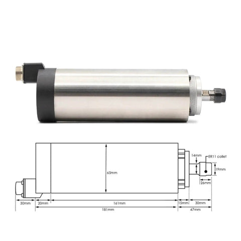 Air Cooled CNC Spindle Motor 800W 220V With ER11 Collet, 65mm aluminum bracket, product dimensions, technical drawing