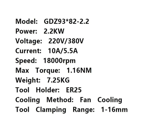 Specifications of Air Cooled Electric Spindle Motor For CNC Machines With 2.2KW, 380V AC, Model GDZ93*82-2.2, fan cooling method.