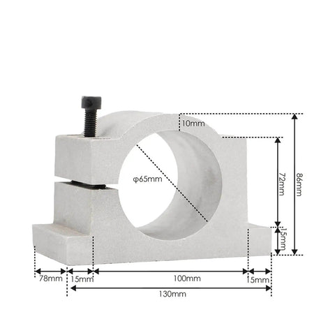 Beefy Air Cooled CNC Spindle Motor bracket, 65mm diameter, dimensions labeled, for dual voltage 1.5kW milling and routing machines.