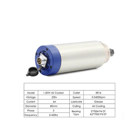 Pro Grade 1.5kW ER16 Air Cooled CNC Milling Spindle displayed with technical specifications, highlighting 80mm diameter and 220V power