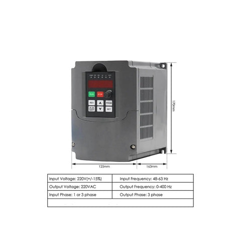 220V inverter VFD for Pro Grade 1.5kW ER16 Air Cooled CNC Milling Spindle with dimensions and specifications displayed