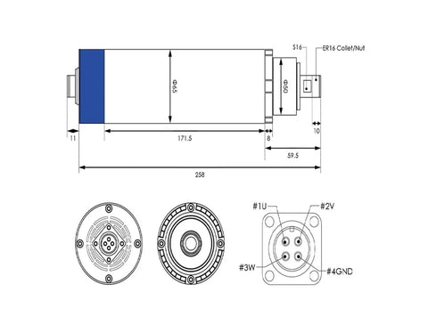 Technical diagram of Air Cooled Spindle Motor 1.5kW ER16, 65mm Shaft, 65x258mm Body, showing dimensions and connections