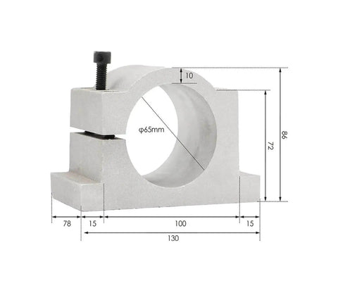 Mounting bracket for Air Cooled Spindle Motor Kit With 1.5KW Inverter VFD, 65mm, aluminum, showing dimensions for PCB processing setup.